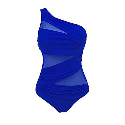 Badeanzug für Damen EIN-Schulter Monokini Sexy Einteilig Netzgewebe Bikini mit EIN Träger Flacher Kragen Tankini Frauen Große Größe Badeanzug für Sommer, Urlaub, Strand, Pool, Royal Blau, 4XL Cover