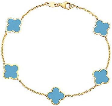 Vaani Fine Jewelry 14K Solid Yellow Gold and Turquoise Bracelet with 5 Clover Motifs. 7 inch bracelet