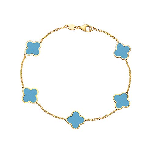 Vaani Fine Jewelry 14K Solid Yellow Gold And Turquoise Bracelet With 5 Clover Motifs. 7 Inch Bracelet #TOP29