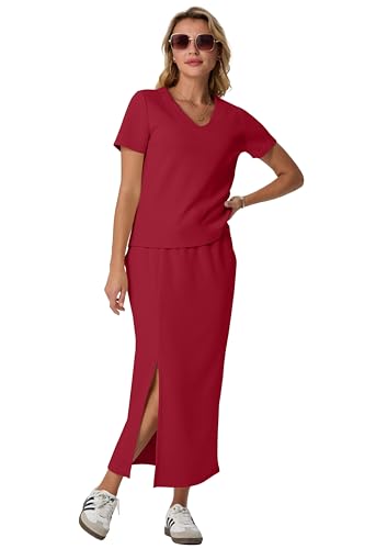 Image of GRECERELLE Women Summer Casual 2 Piece Sets V-Neck Wrinkle-Free Top & Elastic Waist Midi Side Slit Skirt with Pockets
