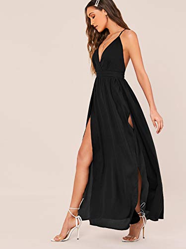 Floerns Women's V Neck Spaghetti Strap Backless Split Cocktail Party Maxi Long Dress A Black M #TOP2