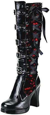 Fukasse High Heels Combat Boots For Women Ladies Vintage Goth Lace Leather Lace Up Metal Buckle Platform Chunky Dress Pump Knee High Boots Motorcycle Riding Tall Boots Halloween Party Decoration