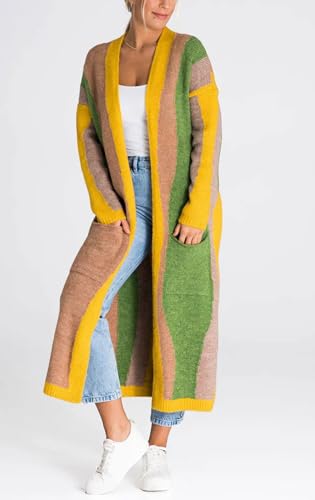 Women's Color Block Vertical Striped Cardigan Sweater Loose Fit Chunky Knit Long Coatigan Coat4