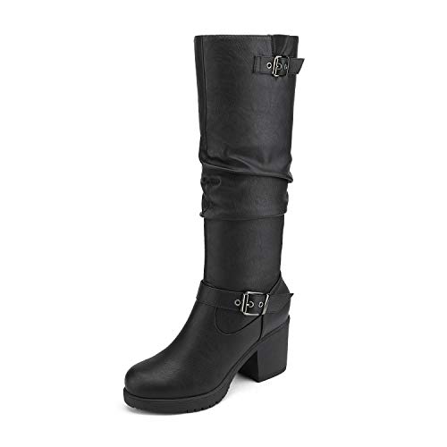 DREAM PAIRS Women's Chunky Heel Knee High Boots Side Zipper Round Toe Boots with Faux Fur Lining 5.5 Black