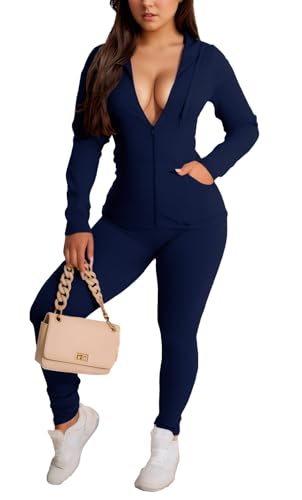 YeGine Women 2 Piece Outfits Long Sleeve Tracksuit Bodycon Matching Sets Hoodie Jacket Jogging Suit Navy Blue L