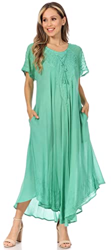 Image of Sakkas Egan Long Embroidered Caftan Dress /Cover Up with Embroidered Cap Sleeves