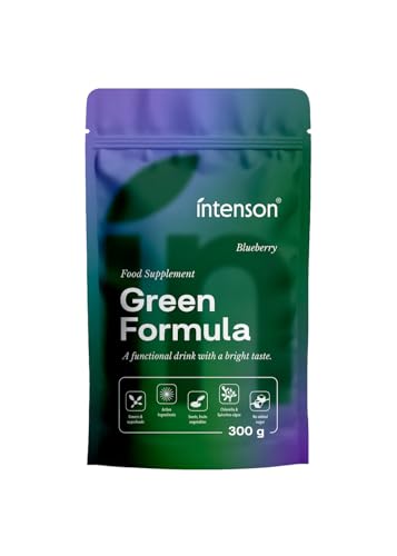 Intenson Green Formula Arándanos, Super Greens Powder, Mezcla de Superalimentos con Chlorella, Espirulina, Ashwagandha con OPC y Moringa, Sin Azúcar, Endulzado Naturalmente, 300 g