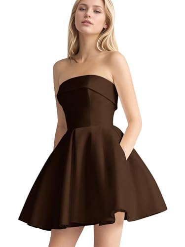 Image of Leeskoot Satin Homecoming Dresses for Teens 2026 Strapless Short Prom Dress A Line Mini Cocktail Evening Gown with Pockets