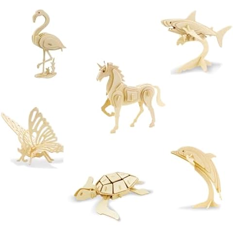 Georgie Porgy 3D Wooden Puzzles for Kids Toys Construction Woodcraft Kits DIY Model Puzzle Kits Birthday Gifts Pack of 6 (Butterfly Unicorn Flamingo Shark Sea Turtle Dolphin) Cover