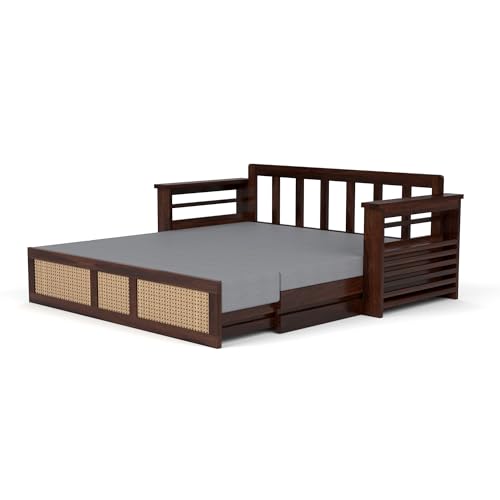 Image of Solid Sheesham Wood Sofa Cumss Bed with Cushions | Rosewood Day Bed with Rattan Cane Work & Storage | Convertible Sofa Bed for Living Room & Bedroom (Walnut Finish)