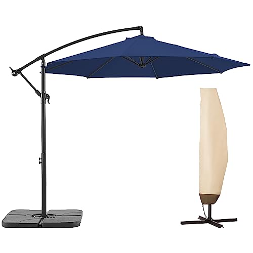 Bluu 10 Ft Patio Offset Umbrella Outdoor Cantilever Umbrella Hanging Umbrellas, Fade Resistant Crank & Cross Base (Navy Blue, 10 Ft With 600D Cover) #TOP10