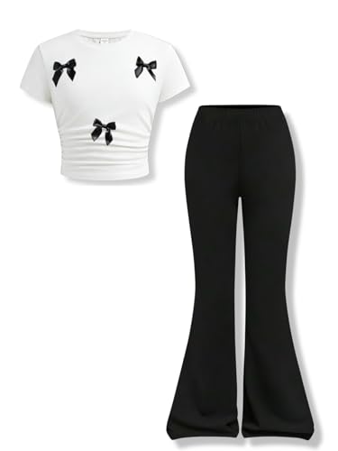 Image of Girls Clothes 2 Piece Short Sleeve Lace Bow Print Tops Flared Pants Set Little Girl Outfits Size 7-14