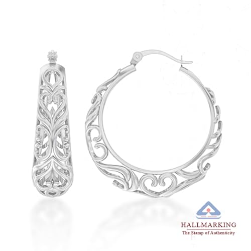 Image of TRUESILVER ACPL 925 Sterling Silver BIS Hallmarked Filigree Hoop Earrings for Women & Girls | Lightweight Designer Oval /Round Hoops | Everyday Wear | Gift for Her