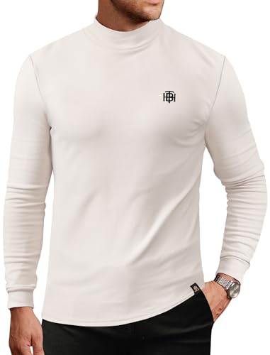 Herberton Mens 2025 Muscle Fit Sweater Soft Cold Weather Shirts Turtle Neck Regular Fit Solid Classic Warm Plain Comfortable Stretch Fleece-Lined Mock Neck Elegant Indoor Pullover White M