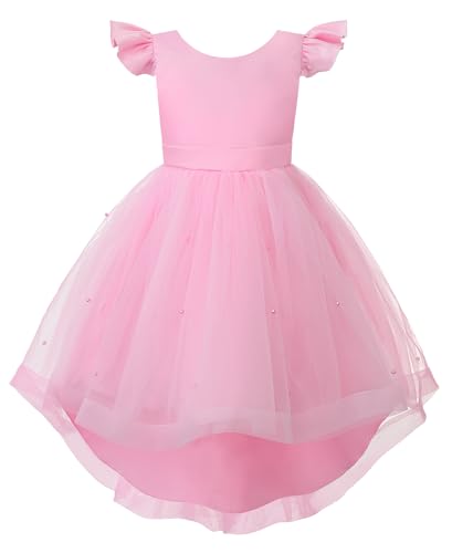 JerrisApparel Girls Satin High Low Dress Ruffle Sleeves Party Dress Pearl Tulle Layered Skirt with Large Bow Back2