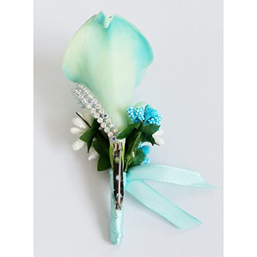 SHTGOI Calla Lily Boutonniere Artificial Bouquet Rhinestone Brooch Handmade Corsage with Safety Pin Flower Corsage Wedding Accessories for Bride Groom Sky Blue - Image 2