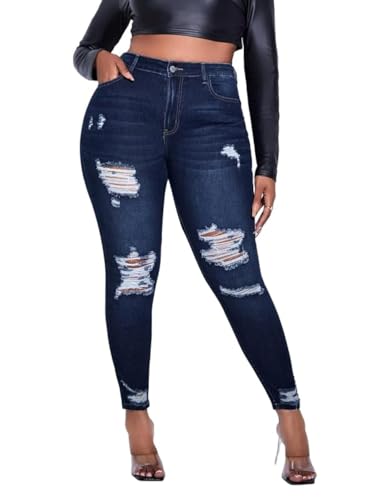 ALLABREVE Womens Plus Size Skinny Jeans Stretchy High Waisted Ankle Jean Ripped Slim Fit Washed Denim Distressed Tight Jean