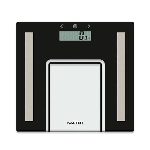 Salter Glass Analyser Bathroom Scale -180 Kg Maximum Capacity, 8 User Memory, Athlete Mode, Digital Weighing Scales, Slim, Measures Body Weight/Fat/Water, BMI, Includes Carpet Feet, Black