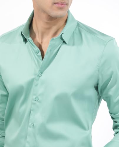 Image of Rare Rabbit Men Regular Fit Solid Beige Satin Long Sleeve Button Shirt