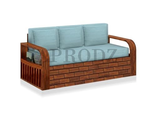 Image of APRODZ Solid Sheesham Wood Sofa Cum Bed 3 Seater Velevt Fabric with Blue Upholstery & Cushion Perfect Sofa Furniture for Home Living Office Room and Guests (Honey Finish 75x69x30-Inch)