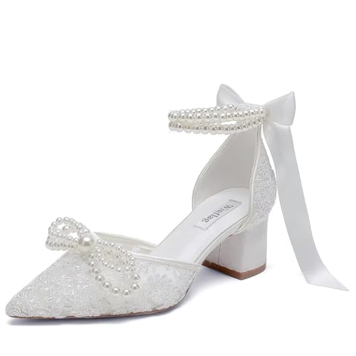 Lace Pearl Wedding Shoes for Bride Block Heel Bridal Shoes Closed
