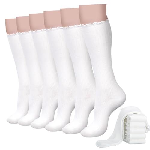 Breathffy 6 Pairs Women Ruffle Knee High Socks Turn Cuff Knit Breathable Cute Frilly Lettuce Dress Breathable Socks(White)