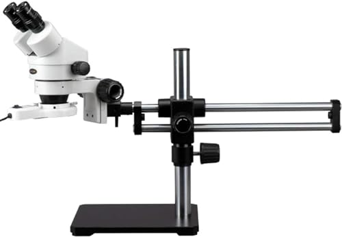 Image of AmScope SM-5BX-FRL Professional Binocular Stereo Zoom Microscope, WH10x Eyepieces, 3.5X-45X Magnification, 0.7X-4.5X Zoom Objective, 8W Fluorescent Ring Light, Ball-Bearing Double-Arm Boom Stand, 110V-120V, Includes 0.5X Barlow Lens