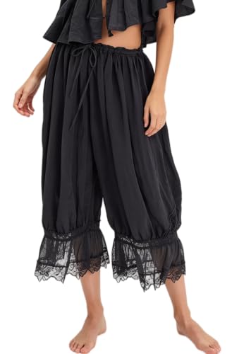 Image of UAURORAO Women Lace Trim Bloomer Pants Flowy Culottes Pantaloons Bloomers