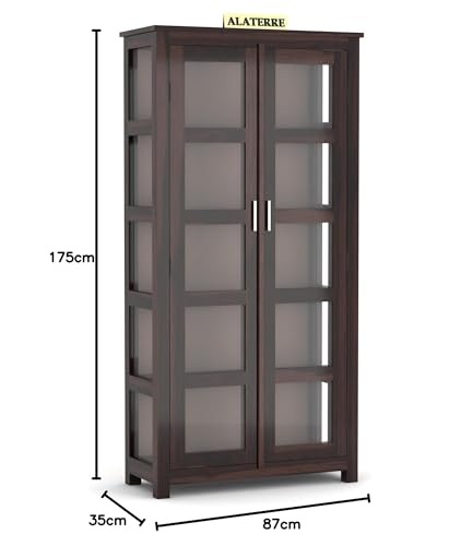 Image of Book Shelf, Wood Book Shelf with Glass Door || Wooden Bookcases for Home Library || Kitchen Crockery Cabinet Storage, Book Rack, Shelves, Book Shelf Walnut Finish