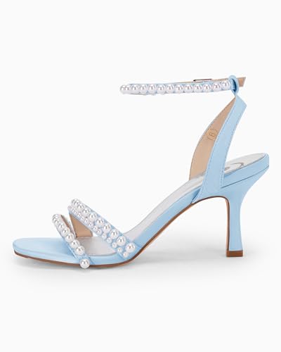 Image of Coutgo Womens Pearl Kitten Heels Sandals Square Open Toe Dress Sandals Ankle Strap Satin Wedding Party Summer Sandals