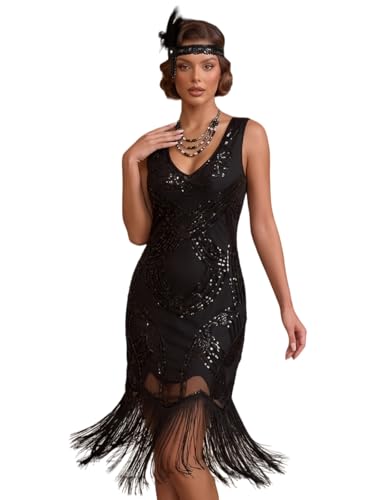 Image of Women's 1920s Gatsby Dress V Neck Sequin Bead Fringed Cocktail Hem Flapper Dress