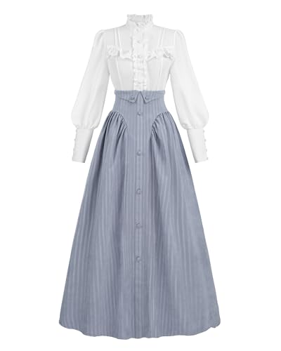 FCCAM Mittelalter Kleidung Damen Festliche Kleider für Damen Viktorianische Kleid Karneval Kostüm nklusive Bluse und Rock, Grau Blau,S