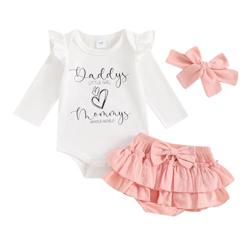 Newborn Baby Girl Clothes Daddys Little Girl Mommys Whole World Ruffle Long Sleeve Romper Top Layered Ruffle Skirts Short Bow Headband Set Cute Infant Girl Fall Outfits 3Pcs (White/Pink, 3-6 Months)