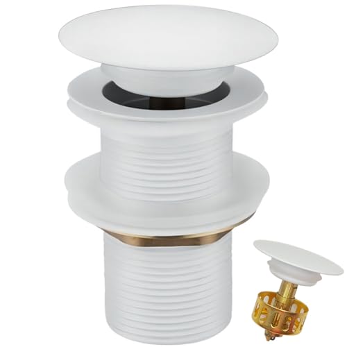 Antfly Juego de desagüe para Lavabo, Juego de desagüe Universal de Acero Inoxidable, válvula de desagüe emergente con cesto colador, con tapón de desagüe en 1 ¼, sin rebosadero (Blanco)