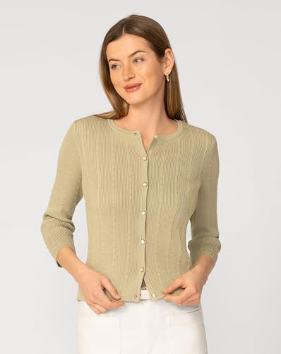 Image of Cable & Gauge 3 /4 Sleeve Cardigan for Women, Crew Neckline & Button Down Front, Stitch Detail
