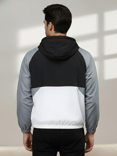 Image of CHKOKKO Mens Stylish Oversized Windcheater Jacket with Zip Closure Lightweight Sportswear for Running Travel Hiking Outdoor and Rainy Season Wear BlackWhiteGREY XXL