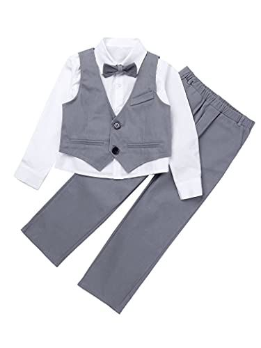 Nimiya Costume Cérémonie Soirée Baptême Enfants Garçons Ensemble Blanc Chemise Manche Longue & Gilet & Pantalon & Noeud Papillon Vêtement Mariage Formel 4Pcs 1-10 Ans Gris 5-6 Ans Cover