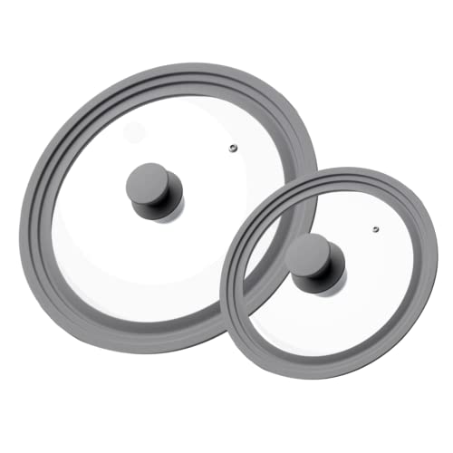 J&C Life Universal Lids For Pots, Pans & Skillets (2Pcs, Grey) Fits 7 - 8.5, 10 - 12 Inch Frying Pan Skillet, Glass Pan Lids With Heat Resistant Silicone Rim, Pan Cover For Cast Iron Skillet Cookware #TOP13