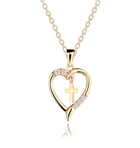Cherished Moments Dancing Cross Heart Necklace 16-18 Inch, 14K Gold-Plated