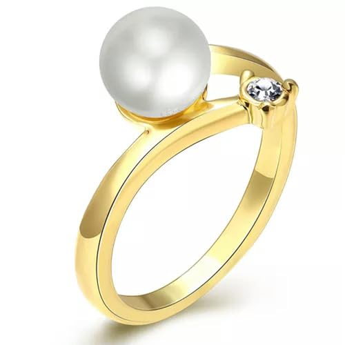 Anillo Solitario Chapado en Oro de 18 Quilates con Perla de Vidrio Negro para Mujer B160-8-Chapado en Oro de 18 Quilates/Blanco