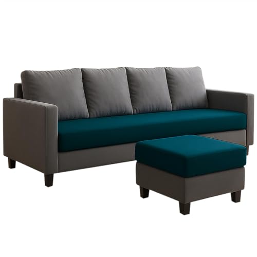 Image of FURNY Arnold 5 Seater L Shape Sofa Set with Movable Ottoman | Flexible Left or Right Layout | Plush Velvet Fabric (Dark Grey-Greenish Teal) | Perfect for Living Room, Guest Room & Office