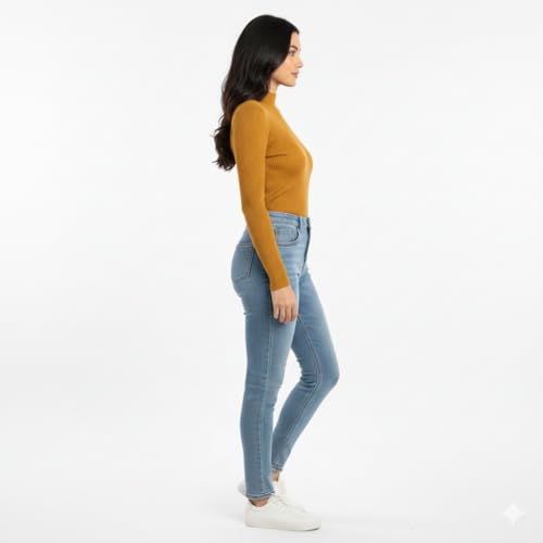 Image of Women Ribbed High Neck Full Sleeve Pullover Sweater|Solid Stretchable Slim Fit Winter Wear Top for Casual & Office Use