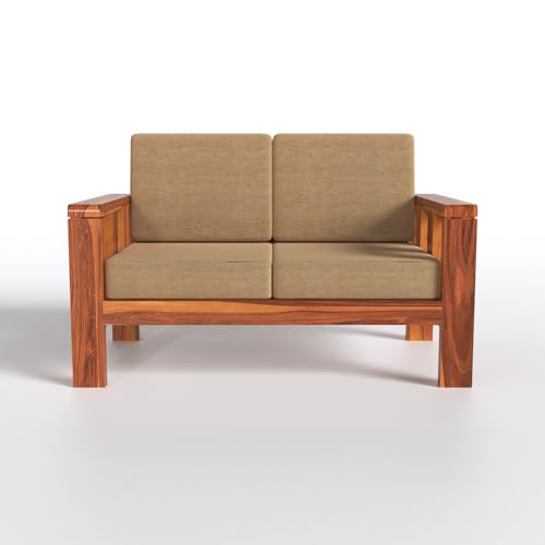 Image of Solid Wood 2 Seater Sofa with Beige Cushion | Sheesham Wooden Sofa Set for Living Room in Natural Teak Finish