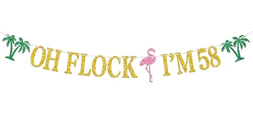 Image of Oh Flock I'm 58 Banner, Glitter Happy 58th Birthday Anniversary Party Decorations, Pineapple Party Decor, Hawaiian Luau Tropical Aloha 58 Theme Party Photo Props