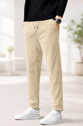 Image of Men's Comfortable Corduroy Pants | Relaxed Fit Stretch Waist Trousers for Everyday Wear Cream