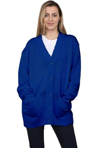 Womens Grandad Cardigan, Ladies Plain V Neck Long Sleeve Open Front 5 Button Longline Oversized with 2 Front Pockets Knitted Sweater UK Plus Size 8-26, (Royal Blue - 16-18)