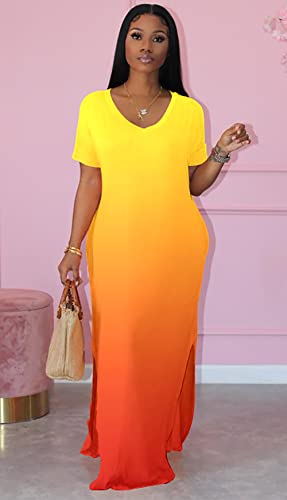 Image of Women Summer V Neck Loose Side Split Maxi Dresses with Pocket