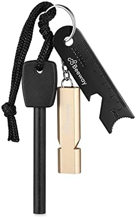 BEEWAY Survival Flint and Steel Fire Starter Kit - Magnesium Ferrocium Rod Firesteel with Scale Scraper and Emergency Whistle for Outdoor Travelling Camping Hiking