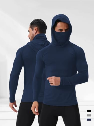 Men's Athletic Hooded T Shirts Compression Running Gym Workout Long Sleeve Active Quick-Dry UPF Tops with Built-in Face Cover4