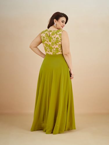 Image of Miss Chase A+ Women's Round Neck Sleeveless Georgette Floral Lace Fit & Flare Maxi Dress